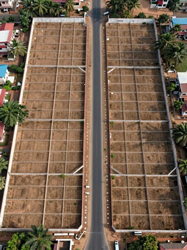 Overhead drone view of a demarcated villa plot layout in Sulur, Coimbatore — clearly marked plot boundaries, a paved black-top internal road running through the centre, and compound wall visible at the perimeter, shot in bright neutral daylight to show the full sanctioned layout grid