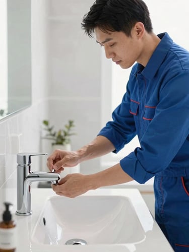 A professional plumber in clean workwear carefully installing a modern chrome basin tap in a bright, contemporary bathroom, shallow depth of field