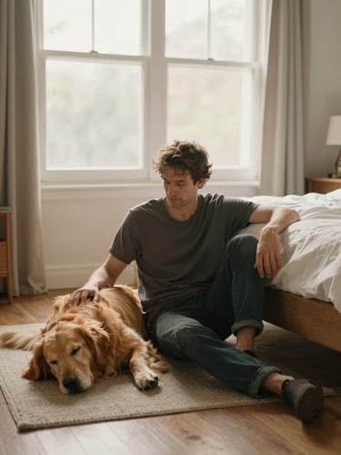 Wide environmental shot of a man sitting on a bedroom floor leaning against the bed, a Golden Retriever sleeping calmly beside him, soft warm morning window light, relaxed posture, real home setting, no staging