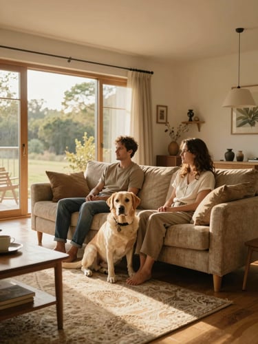 Wide environmental interior shot, golden afternoon window light flooding a living room, a family — couple in their thirties — seated on a worn linen sofa, their calm labrador resting between them, genuine relaxed expressions, warm sand and wood tones, shot from across the room showing the full space