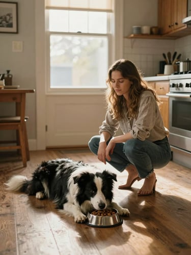 Environmental wide shot of a woman crouching on a sunlit kitchen floor, her Border Collie lying still beside her food bowl, warm late-afternoon window light, genuine calm expression, lived-in home background, documentary framing