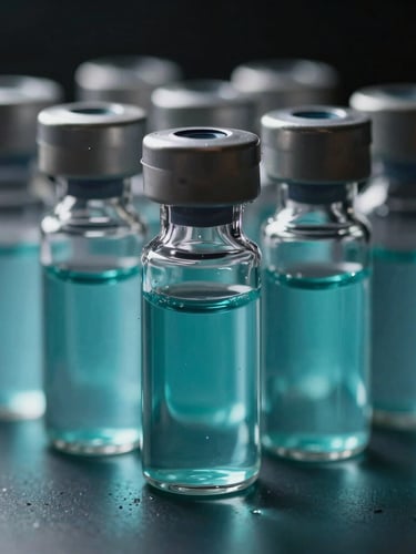 Macro close-up of clinical diagnostic vials with teal fluid, low-key high-contrast studio lighting, sharp focus