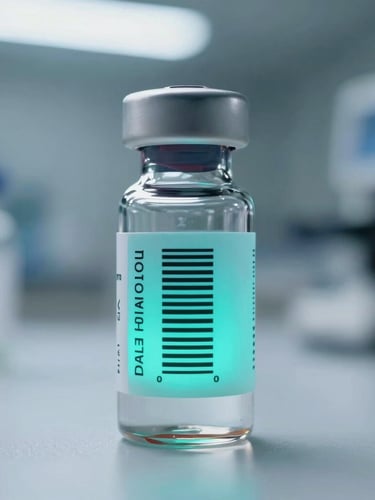 Macro close-up of a sealed sterile diagnostic vial with a glowing neon teal biometric barcode under cool clinical white laboratory lighting, shallow depth of field.