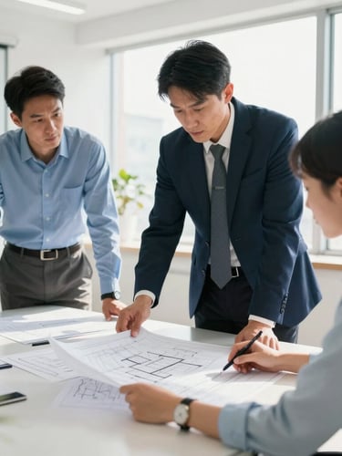 Professional security consultants analyzing architectural blueprints in a bright, modern, sunlit conference room, natural daylight, crisp focus, 35mm lens.