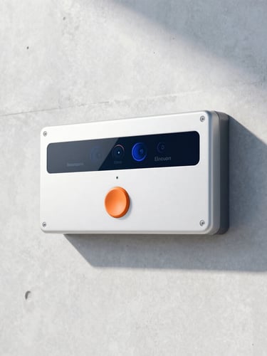 Bright high-key commercial photography of a sleek, modern security system control panel integrated into a clean sunlit concrete wall, professional daylight, 35mm lens