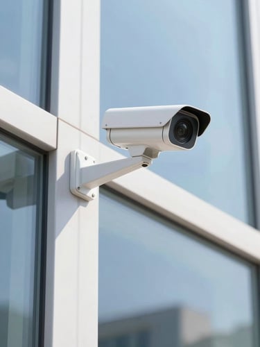 Bright high-key commercial photography of a modern glass office facade with an integrated sleek security camera, natural daylight, 35mm lens