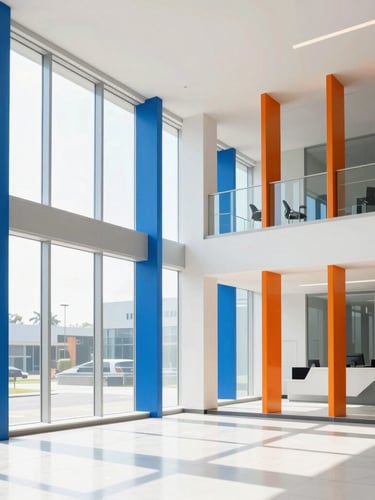 Bright, sunlit modern corporate lobby with clean architectural lines, floor-to-ceiling windows, high-key natural daylight, crisp cobalt blue and safety orange glass accents, sharp focus.