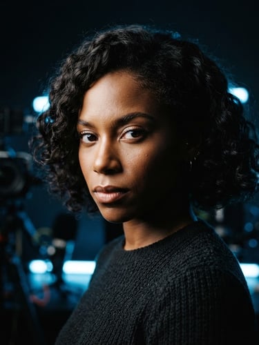 Cinematic medium close-up of a digital creator with intense eye contact, high-contrast studio lighting, dramatic shadows, sharp electric-blue ambient highlights, 35mm lens.