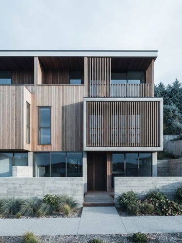 Straight-on architectural elevation of a modern timber and concrete residential structure, crisp morning sun casting sharp geometric shadows, desaturated cool tones