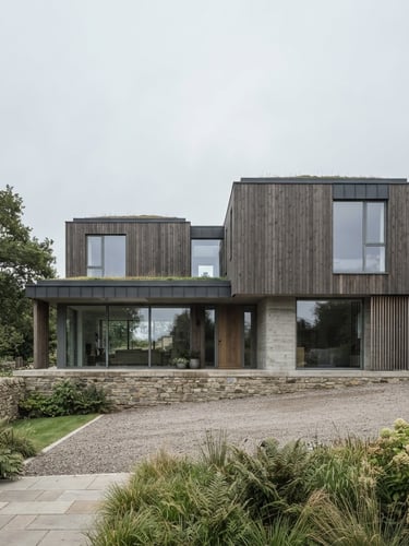 Wide-angle architectural exterior elevation of a modern timber and concrete residential structure in overcast UK daylight, crisp geometric lines, desaturated cool tones, tilt-shift lens