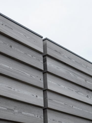 Macro photograph of a high-performance timber-clad wall junction, showing detailed material layers under crisp overcast daylight.