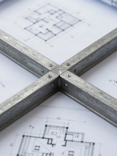 Tight macro shot of architectural blueprints overlaid on a raw concrete and steel material junction, natural overcast UK daylight, desaturated cool tones