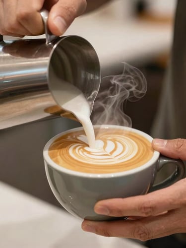 Hands of a barista carefully pouring latte art in a ceramic cup, warm steam, rich crema texture, close-up shot, soft warm daylight, 35mm lens.