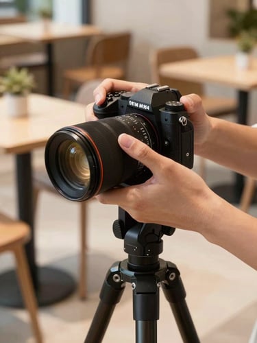 Professional photographer adjusting a camera on a tripod in a modern, sunlit cafe, close-up on hands and camera, warm tones, editorial style, 35mm lens