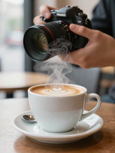 A professional photographer shooting close-up of steam rising from a fresh cup of specialty coffee in a modern cafe, soft natural daylight, rich textures, editorial commercial photography style