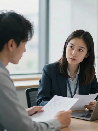 A candid medium-close shot of two professional colleagues in a calm UK office workspace discussing notes, soft natural light, shallow depth of field, 35mm