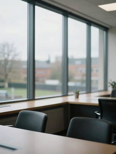 A quiet, thoughtfully lit modern civic office interior in the UK, soft overcast light through large windows, shallow depth of field, 35mm