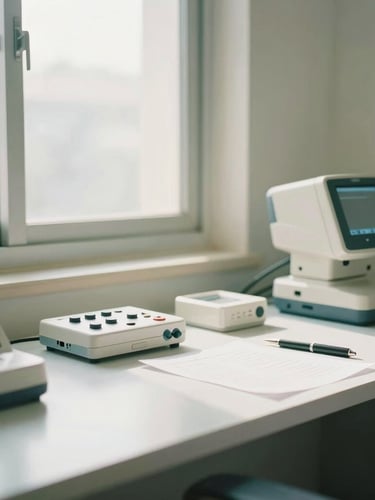 Warm clinical photography of a modern, quiet consultation office in Guntur, soft natural window light reflecting off a tidy desk with diagnostic assessment tools, professional editorial depth of field, 35mm