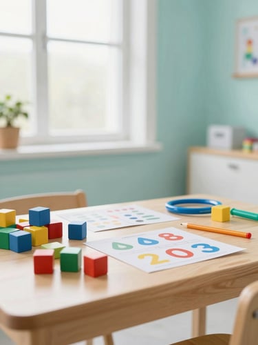A bright, welcoming child-friendly psychological assessment room with colorful educational blocks and standardized cognitive testing tools on a wooden table, soft natural window light, professional clinical photography