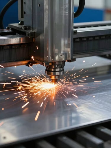 Close-up of a precision CNC fiber laser cutting a thick sheet of 304 stainless steel, bright orange sparks flying, cool blue industrial background.