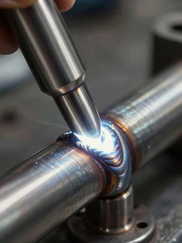 Close-up of pristine tungsten inert gas weld joint on 304-grade stainless steel, high-contrast industrial lighting reflecting off the metal.
