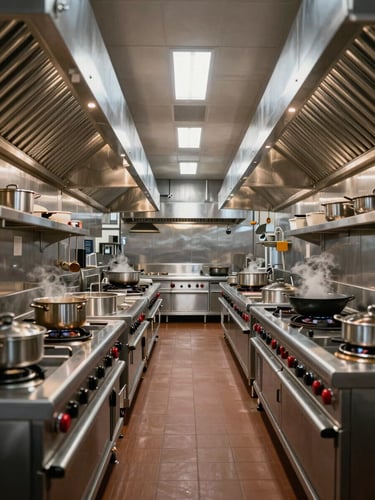 Symmetrical wide-angle shot of a hotel kitchen hot line featuring heavy-duty Chinese cooking ranges and pristine stainless steel exhaust hoods under cool, sharp industrial lighting.