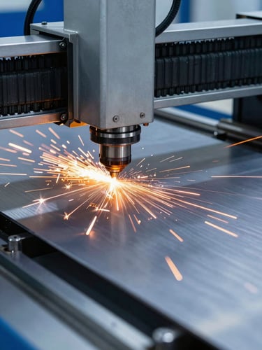 Close-up of a high-precision fiber laser cutter slicing through a thick sheet of 304 stainless steel, bright orange sparks flying, cool blue industrial background