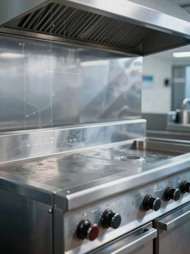 A high-contrast industrial photograph of a pristine, empty stainless steel commercial cooking range line, clean metallic reflections, cool blue-gray lighting, technical drafting lines subtly overlaid.