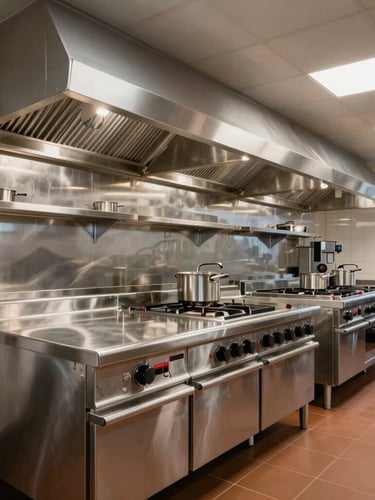 Wide-angle architectural shot of a newly installed commercial hotel kitchen, pristine stainless steel surfaces, high-contrast industrial lighting, empty of people.