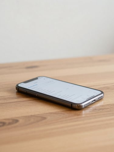 minimalist editorial photography, bright natural daylight, clean neutral background, close-up of a smartphone displaying a clean financial app interface resting on a wooden cafe table, soft shadows, shallow depth of field, 35mm