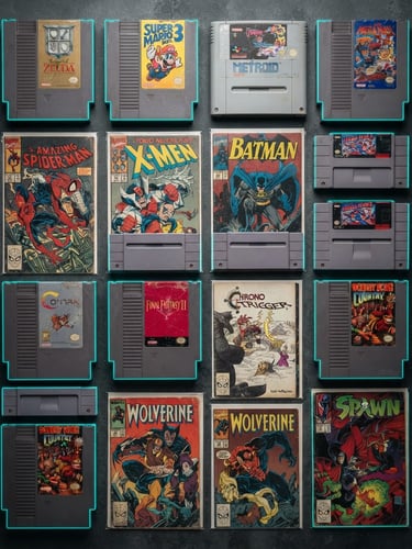 Straight-on flat lay of vintage video game cartridges and comic books on a dark gray background, crisp studio lighting, neon cyan rim lights
