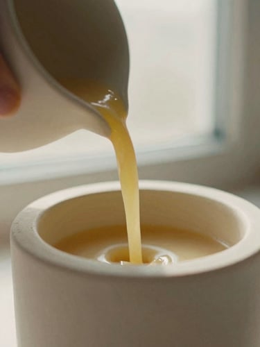 Extreme close-up of warm soy wax being poured into a minimalist ceramic vessel, soft golden morning light, shallow depth of field, 35mm film.