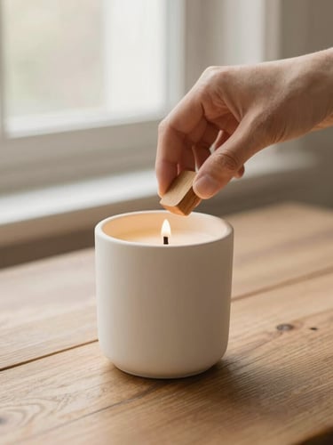 A pair of hands carefully leveling a wooden wick inside a cream-colored ceramic candle vessel on a rustic wooden table, soft morning window light, warm tones.