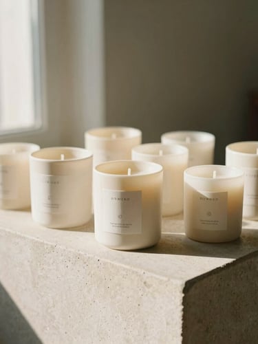 A collection of custom-labeled minimalist ceramic candles arranged neatly on a stone pedestal, warm sunlight casting long elegant shadows