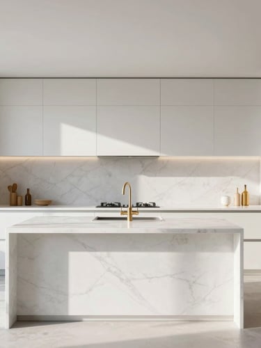 Sunlit completed luxury residential kitchen interior, white marble island, minimalist composition, architectural straight-on angle, 35mm lens