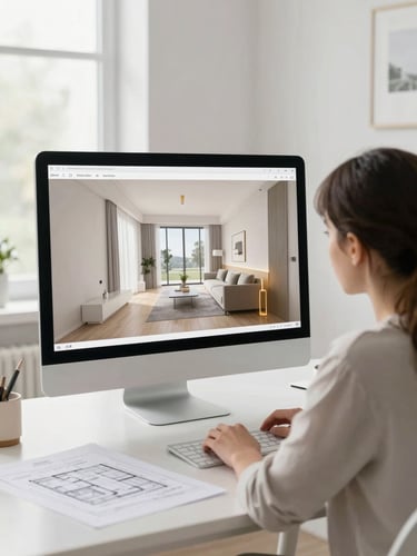 Architect in a minimalist studio reviewing a photorealistic 3D interior render on a large monitor, soft natural lighting, clean desk, architectural plans visible