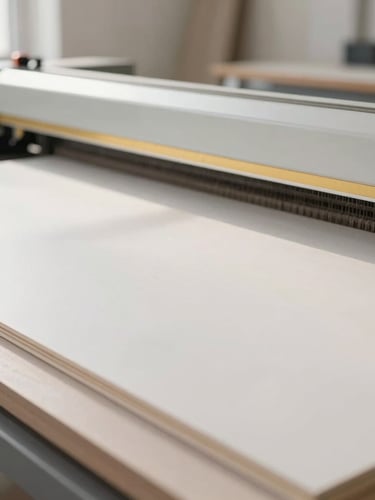 Close-up of precise German woodworking machinery cutting premium HPL board, clean workshop environment, soft natural light, shallow depth of field