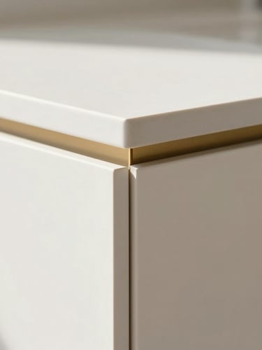 Detailed close-up of a premium cabinet corner joinery, flawless HPL edge banding, bright natural morning light, shallow depth of field
