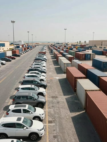 Wide-angle panoramic view of a UAE shipping yard at midday — rows of vehicles parked in organized lots to the left, stacked intermodal containers receding into the distance on the right, bright industrial daylight, documentary framing, no people