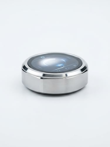 High-end smart gadget, sleek design, on a clean white surface, bright studio light, subtle metallic reflections, 85mm