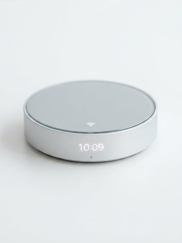 Bright high-key product photography of a sleek silver smart gadget on a clean white surface, soft studio lighting, sharp focus, 85mm