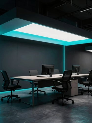 Sleek modern creative holding office interior, high-contrast studio lighting, deep moody tones with vibrant cyan neon accents, 35mm lens, wide cinematic shot