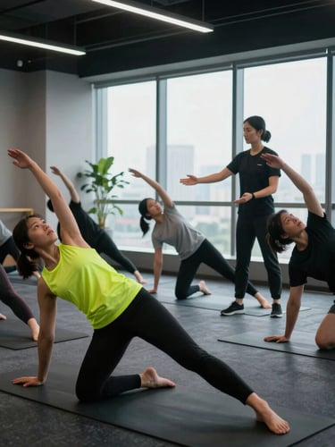Professional corporate wellness session in a modern bright Jakarta office, employees practicing light yoga and stretching guided by a certified instructor, soft natural window light, 35mm lens