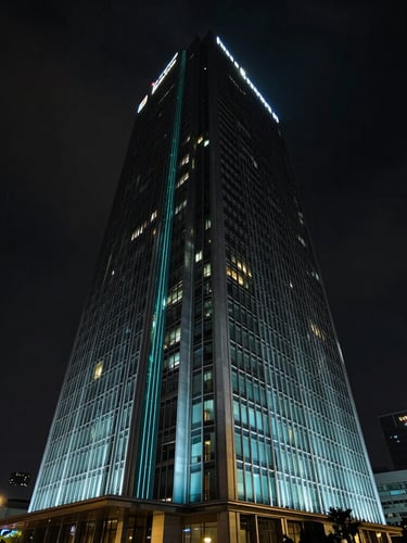 Sleek modern corporate headquarters building in Jakarta, dramatic high-contrast lighting, deep moody tones with neon cyan accents, wide architectural shot, 35mm lens