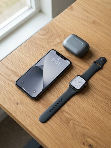 Clean flatlay of modern electronic gadgets, a smartphone, wireless earbuds, and a smartwatch arranged on a wooden desk, bright natural daylight, 35mm lens