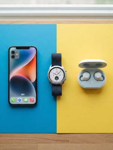 Overhead flatlay of modern gadgets, a smartphone, wireless earbuds, and a sleek smartwatch arranged on a clean blue and yellow background, bright natural light.