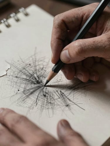 Extreme close-up of charcoal-stained hands holding a heavy graphite pencil over a deeply textured, torn paper sketchbook, harsh single-source side lighting, deep raw shadows.
