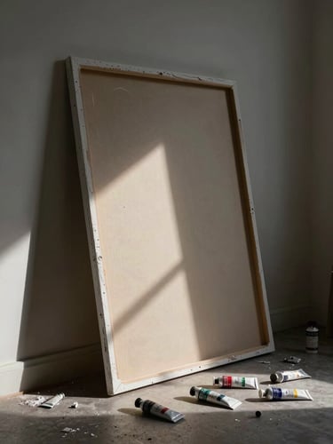 Low-key, high-contrast natural light hitting a half-finished canvas leaning against a studio wall, paint tubes scattered on the floor.