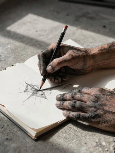 High-contrast portrait photograph of charcoal-stained hands holding a heavy graphite pencil over a torn sketchbook. Harsh single-source side lighting casts deep shadows across a raw concrete studio floor.
