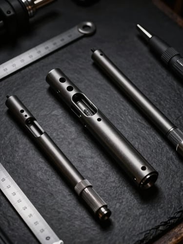 Overhead flat-lay of disassembled firearm parts on a clean dark slate work surface with precision measuring tools, dramatic side-lighting.